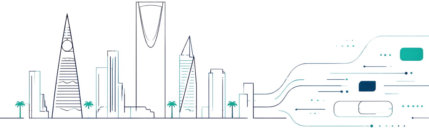 Saudi skyline drawn as fine line art, dissolving into rows of structured financial data